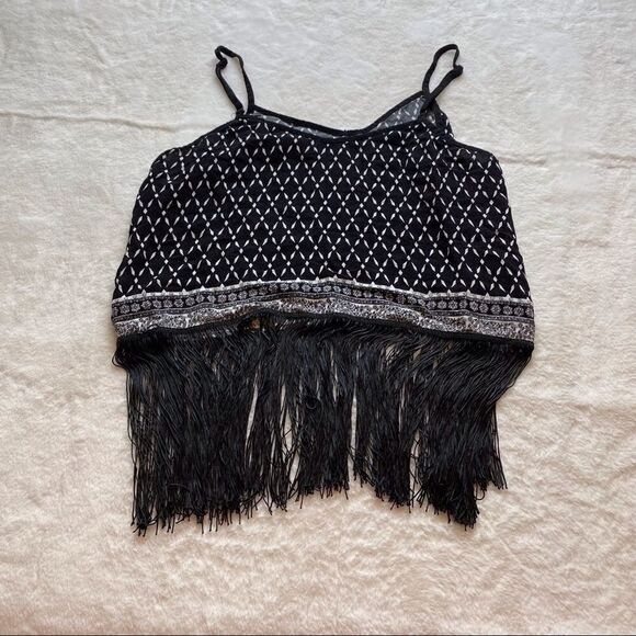 H&M Coachella Black and White Cropped Tank with Fringed Bottom Size 14 - Picture 2 of 10